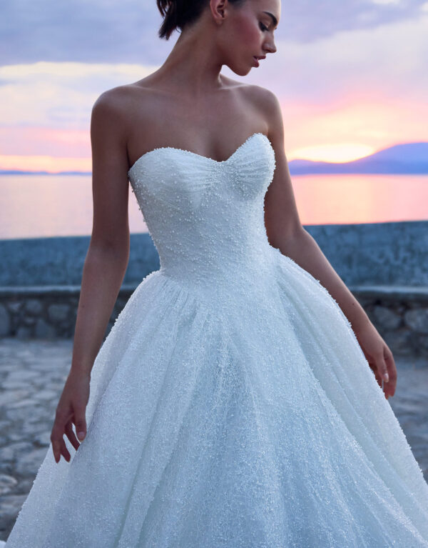 ST655 το νυφικό φόρεμα Soul είναι η απόλυτη επιλογή. Αυτό το εκθαμβωτικό φόρεμα λαμπυρίζει με κάθε κίνηση, καθώς ολόκληρη η επιφάνειά του είναι διακοσμημένη με πολυτελείς χάντρες και πούλιες που δημιουργούν μια αίσθηση αιθέριας πολυτέλειας.