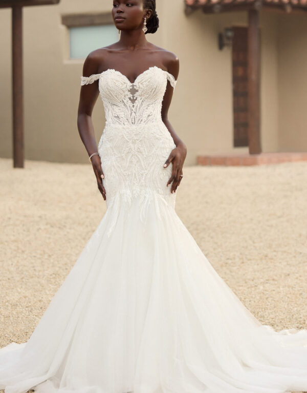 Y3156 Layla Πολυτελές mermaid νυφικό φόρεμα με χάντρες, off-shoulder μανίκια και ουρά από δαντέλα, ιδανικό για έναν λαμπερό γάμο.